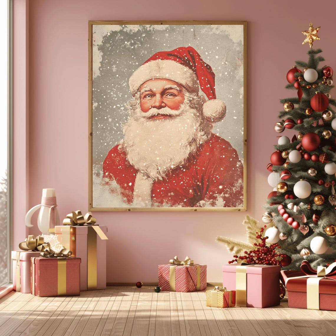 Warm Vintage Santa Claus Close-Up Portrait in Falling Snow Art Print - Image 3