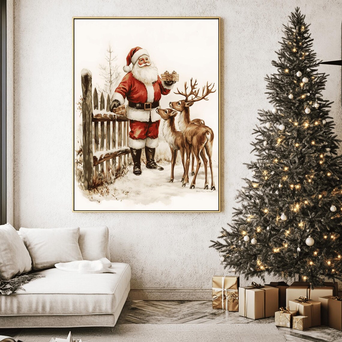 Tender Santa Feeding Two Reindeer by a Snowy Fence Watercolor Art Print - Image 2