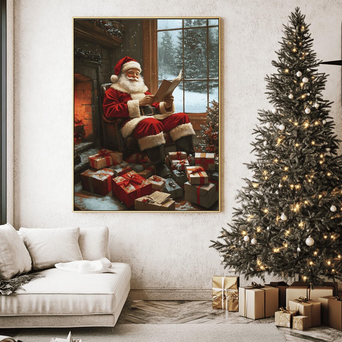 Cozy Vintage Santa Reading by the Fireplace with Gifts Art Print - Image 2