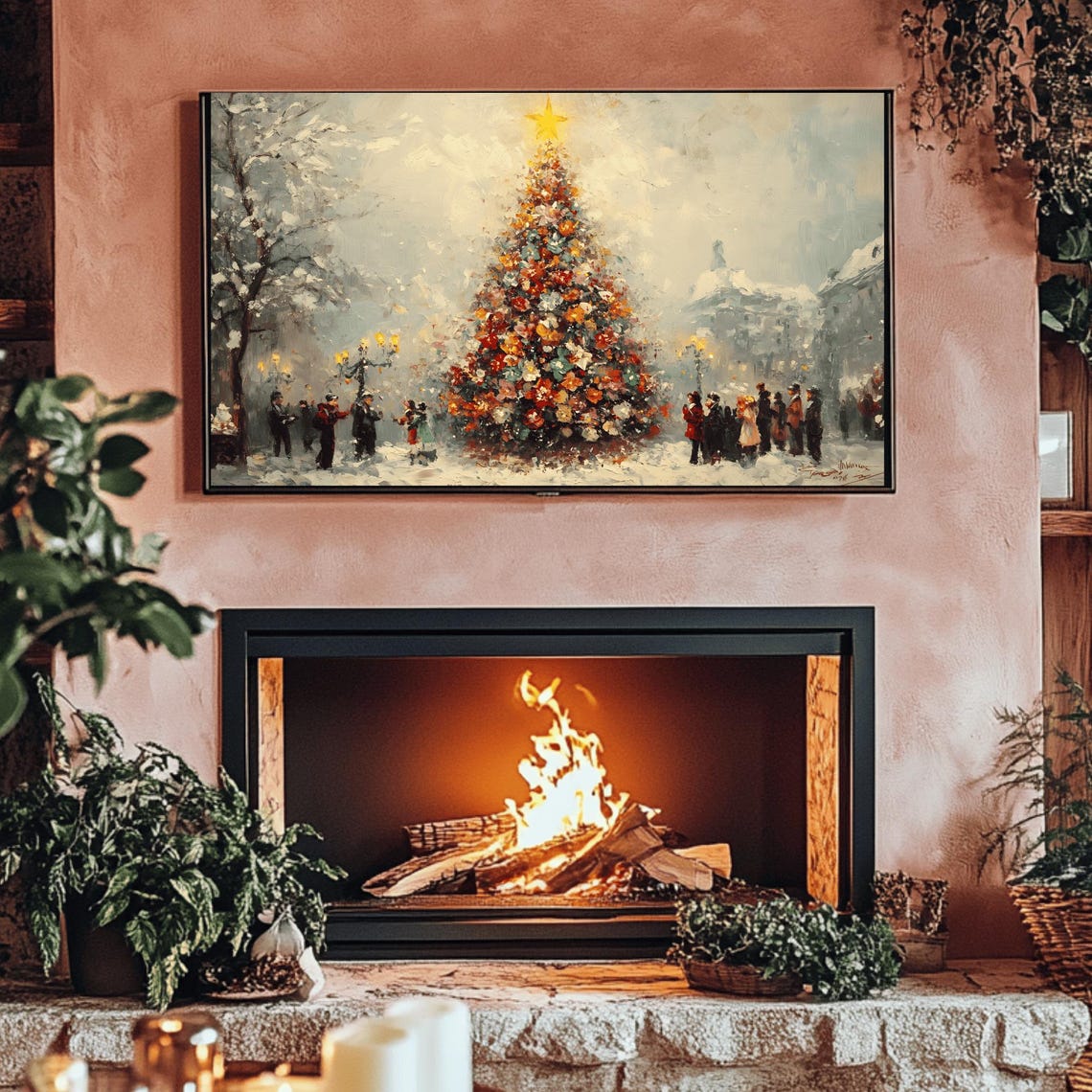 Lamplit Old Victorian Christmas Tree Plaza Snowy Evening Poster - Image 3
