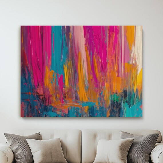 Chaotic Burst Of Bold Vibrant Colors Canvas Painting Textile Rich Mix Pink Orange Blue Spread On Framed Abstract Fine Art Print