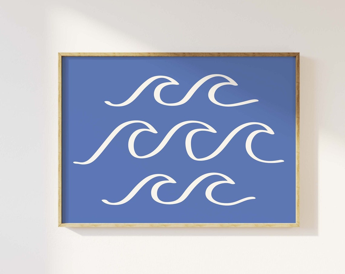 Blue White Abstract Wave Line Squiggle Coastal Poster For Beach House - Image 4