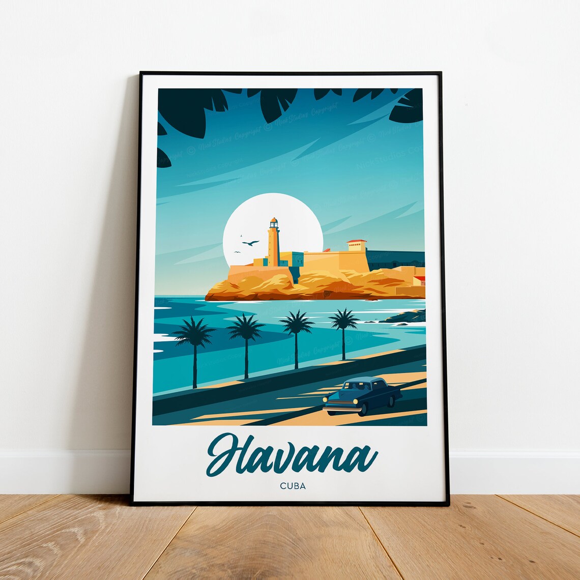 Havana Cuba Morro Fortress Classic Car Retro Sunset Travel Poster - Image 2
