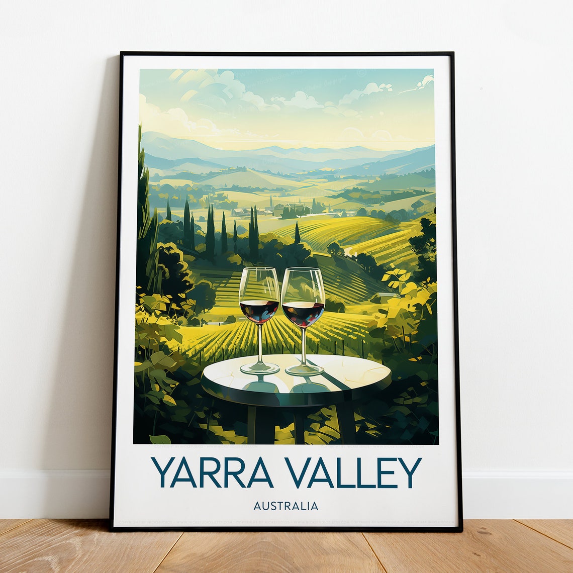 Yarra Valley Red Wine Glasses Over Rolling Green Vineyards Poster - Image 2