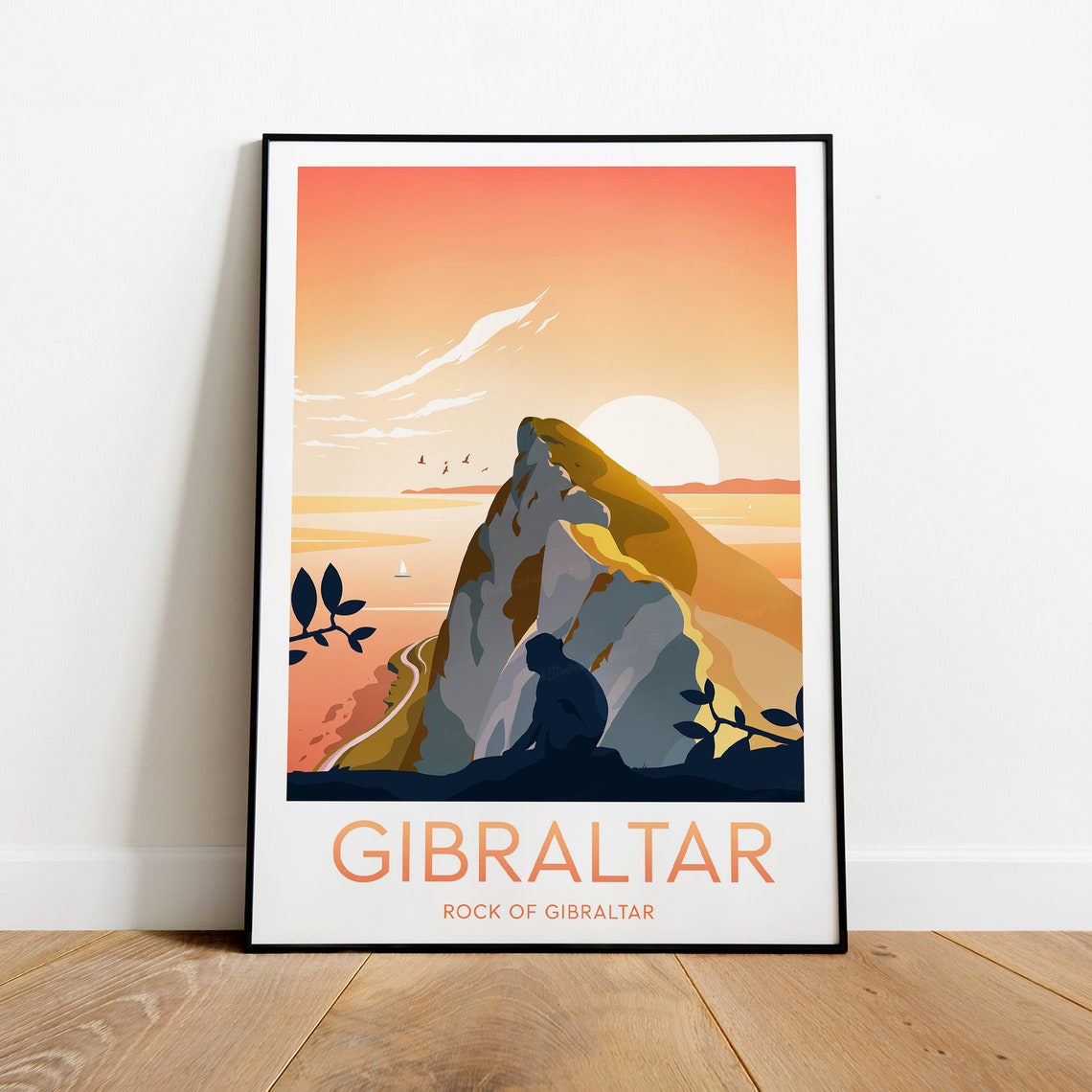 Gibraltar Rock of Gibraltar Sunset Monkey Silhouette Travel Poster - Image 2