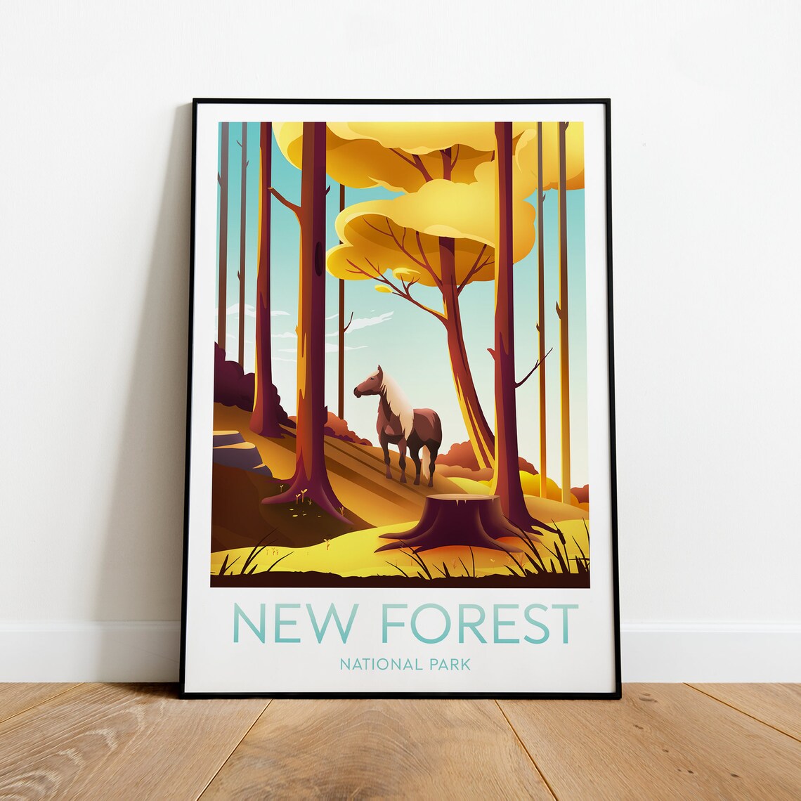 New Forest National Park Golden Woodland Horse Travel Poster