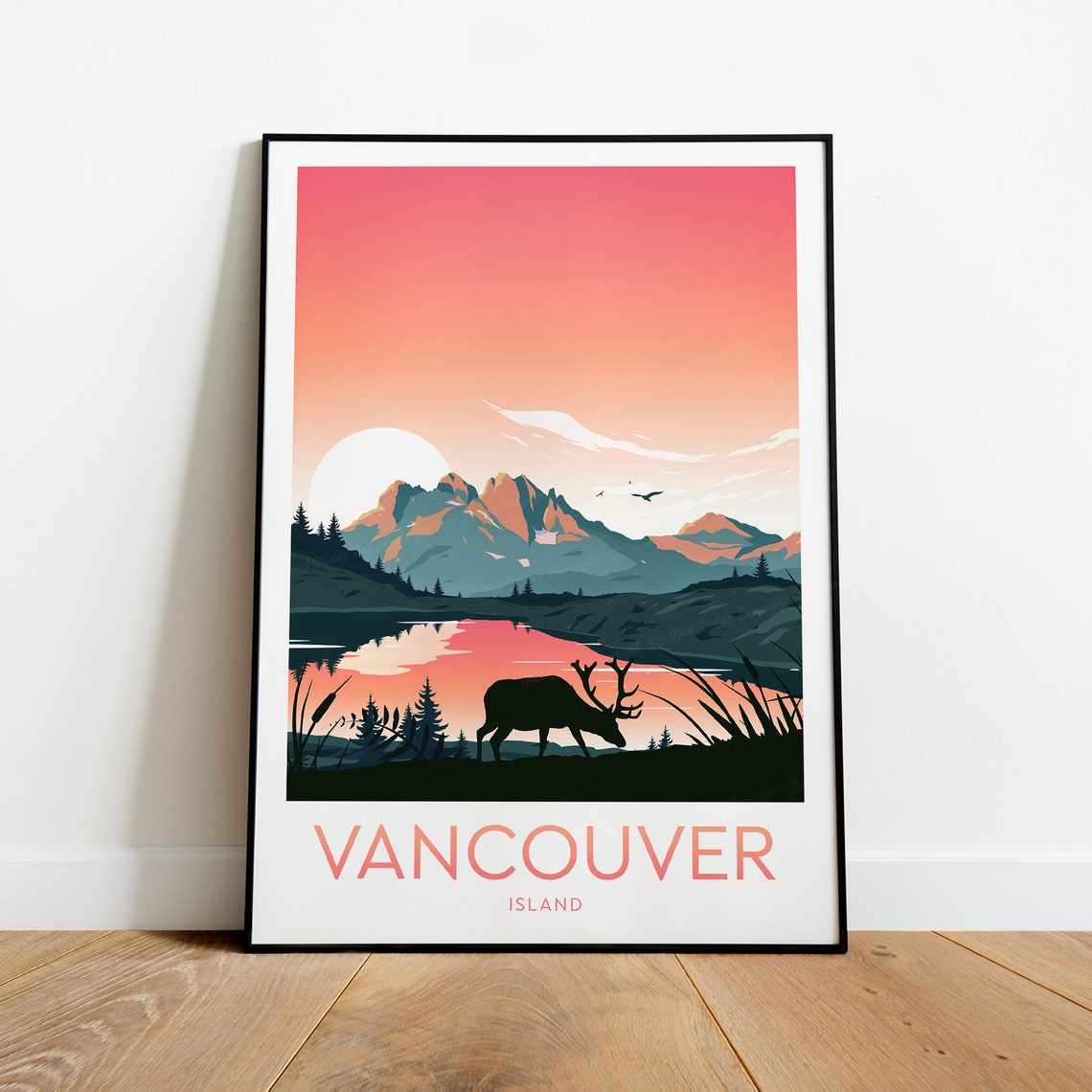 Vancouver Island Sunset Elk Silhouette Mountain Lake Travel Poster