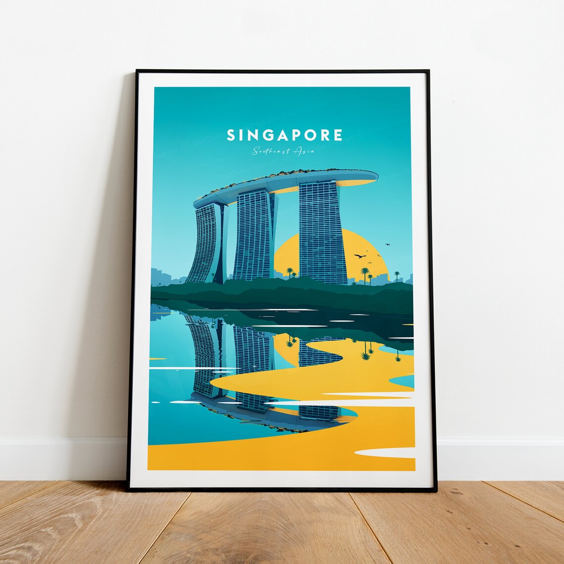 Singapore Marina Bay Sands Blazing Golden Skyline Travel Poster