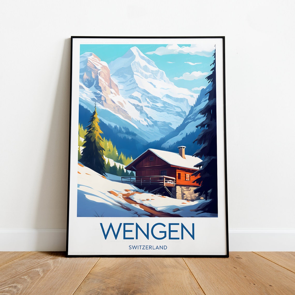 Wengen Switzerland Snow Chalet Alpine Peak Winter View Poster