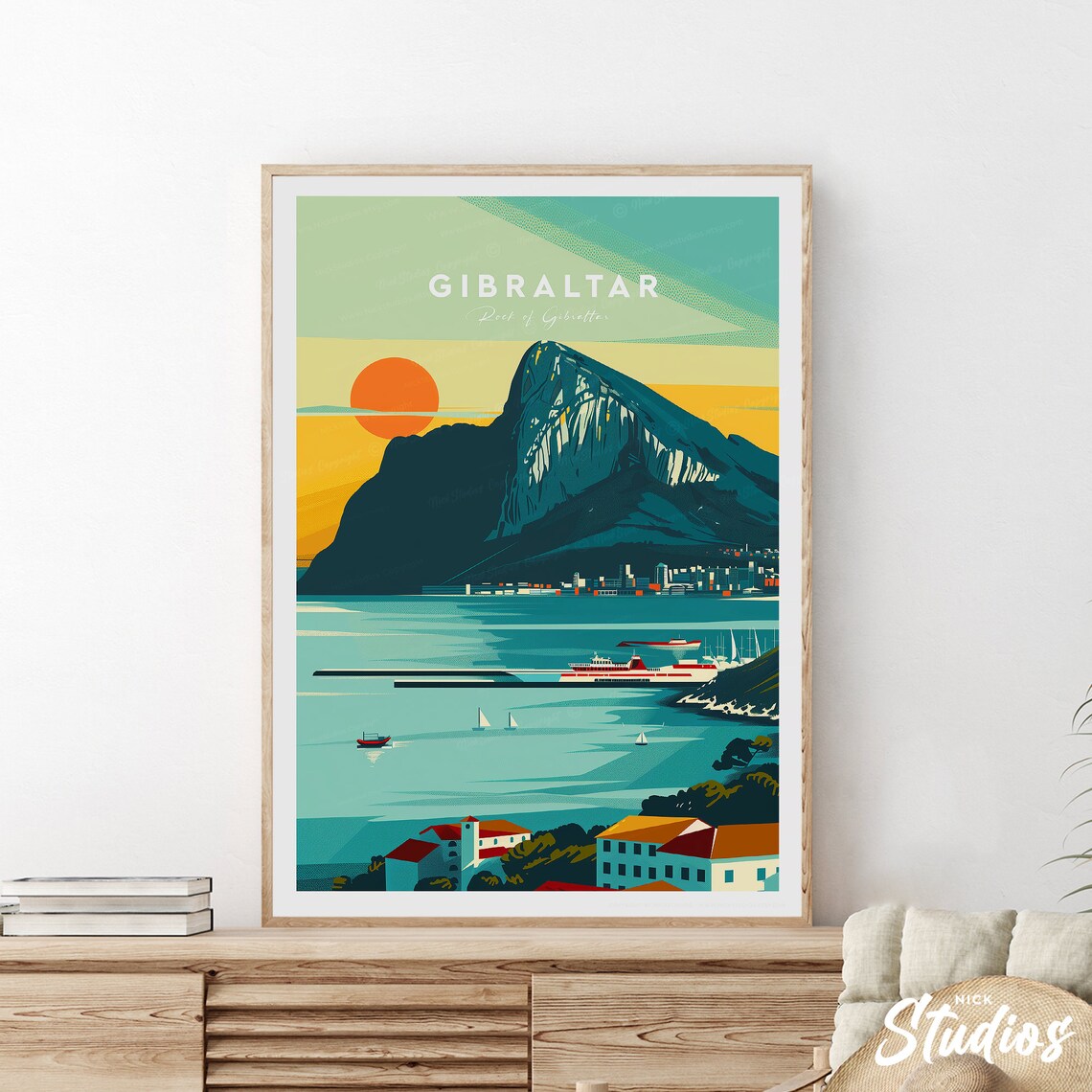Gibraltar Rock of Gibraltar Traditional Sunset Bay Landmark Poster