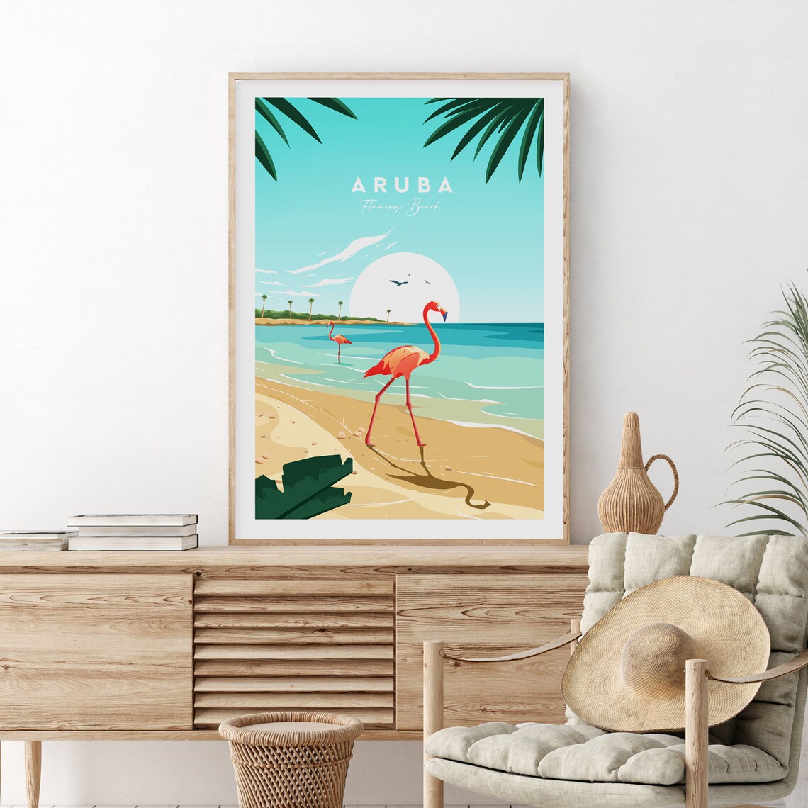 Aruba Flamingo Beach Pink Flamingos on Sand Travel Poster Caribbean