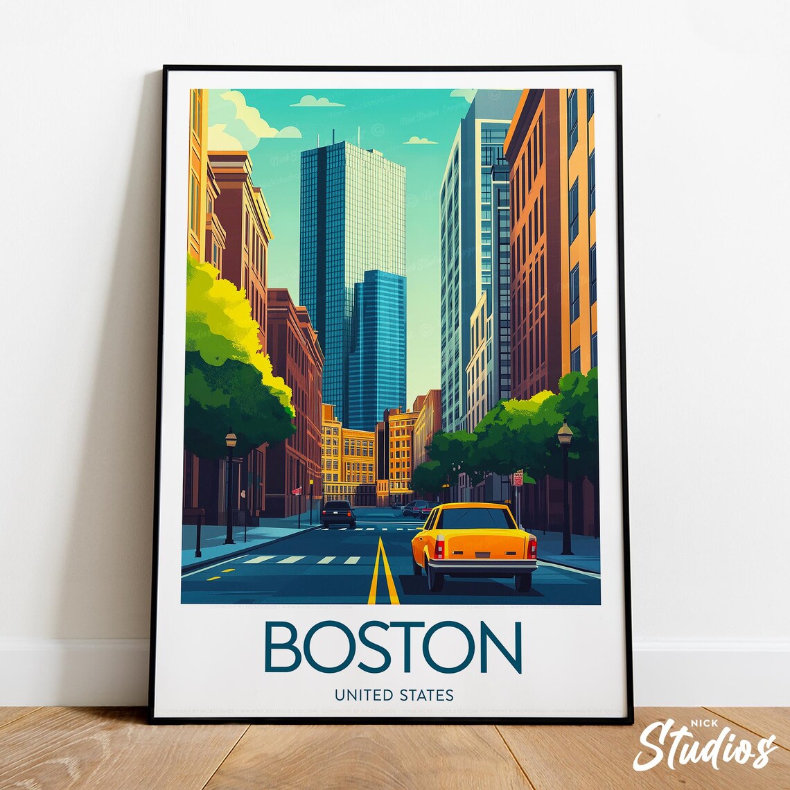 Boston United States Yellow Taxi City Street Vintage Travel Poster