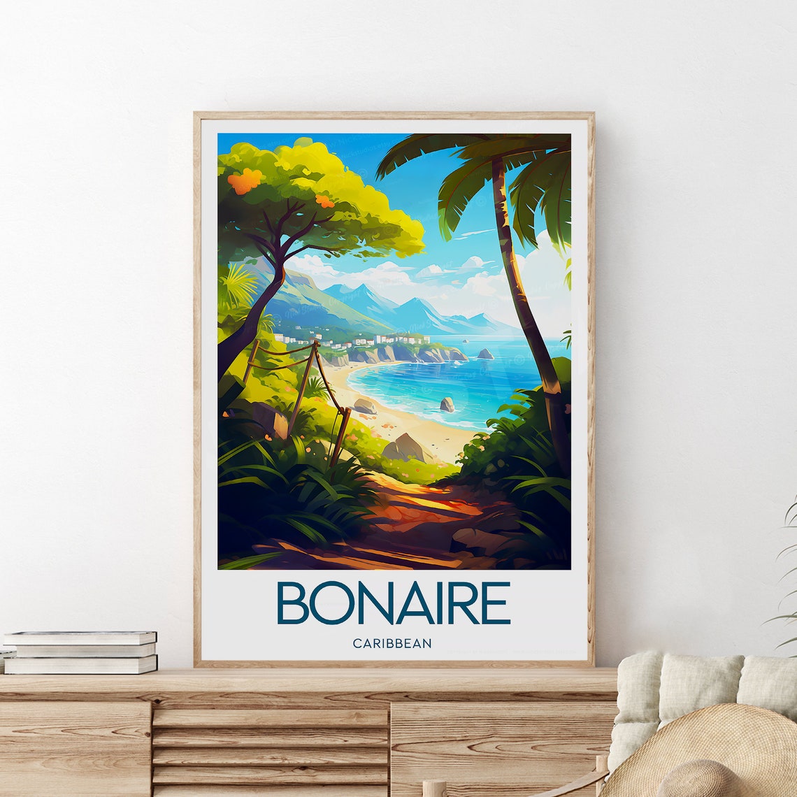 Sunny Bonaire Caribbean Tropical Beach Palm Trees Travel Poster