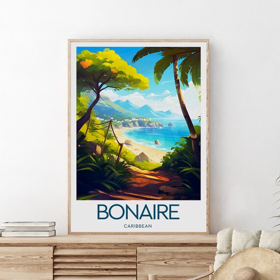Sunny Bonaire Caribbean Tropical Beach Palm Trees Travel Poster