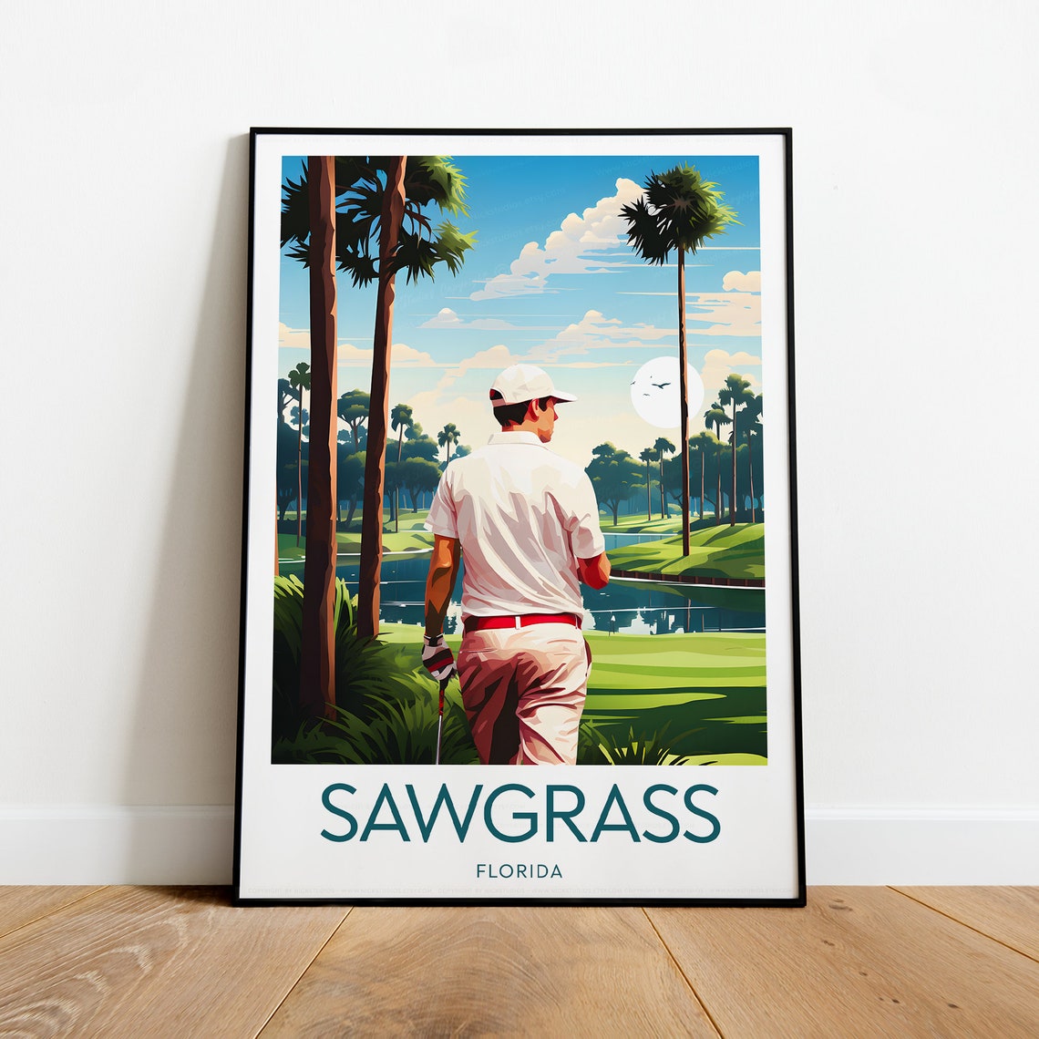 Sawgrass Florida Golf Poster with Golfer Walking to the Green