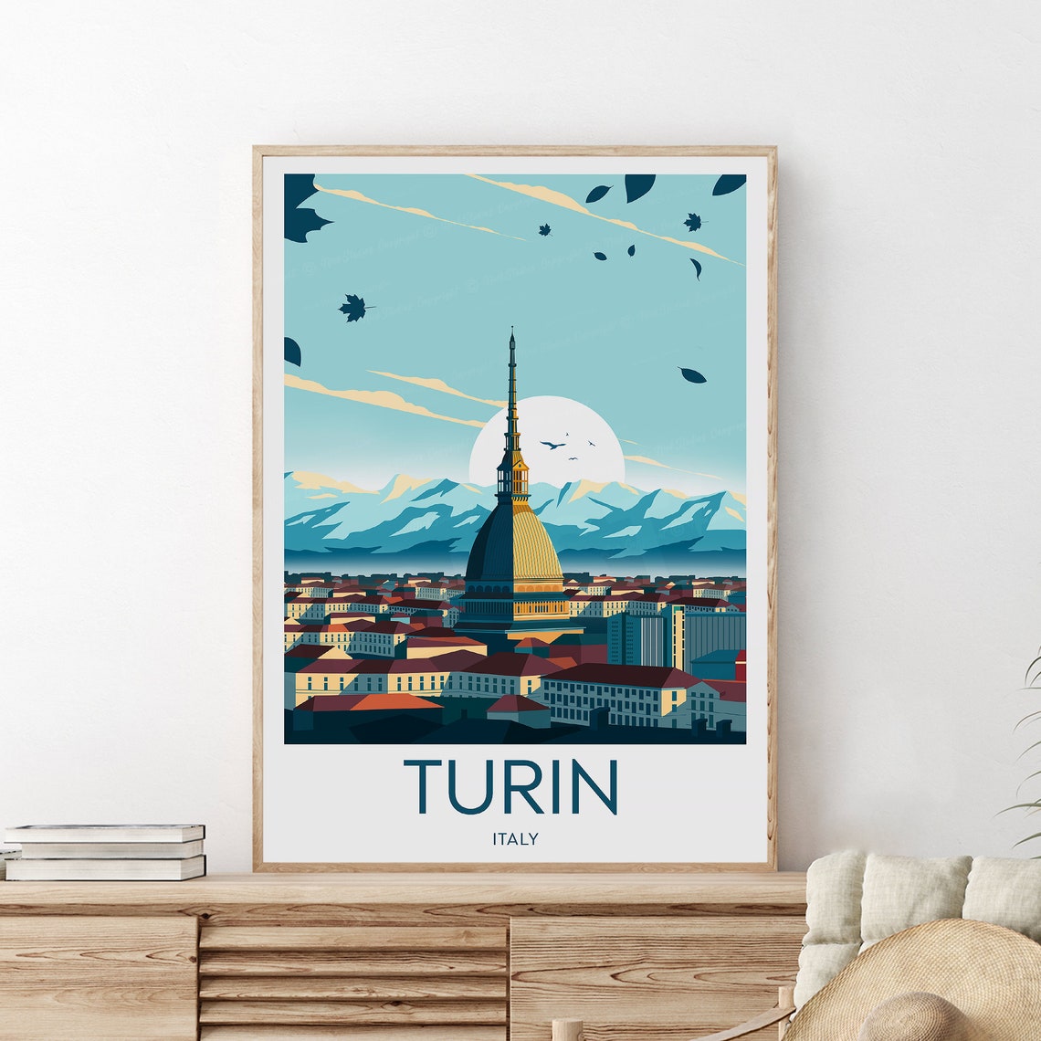 Turin Italy Mole Antonelliana Skyline Snowy Alps Vintage Travel Poster