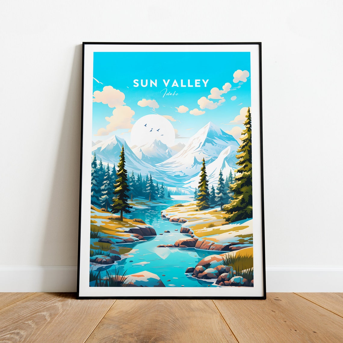 Sun Valley Idaho Alpine Stream Snowy Peaks Landscape Travel Poster - Image 2