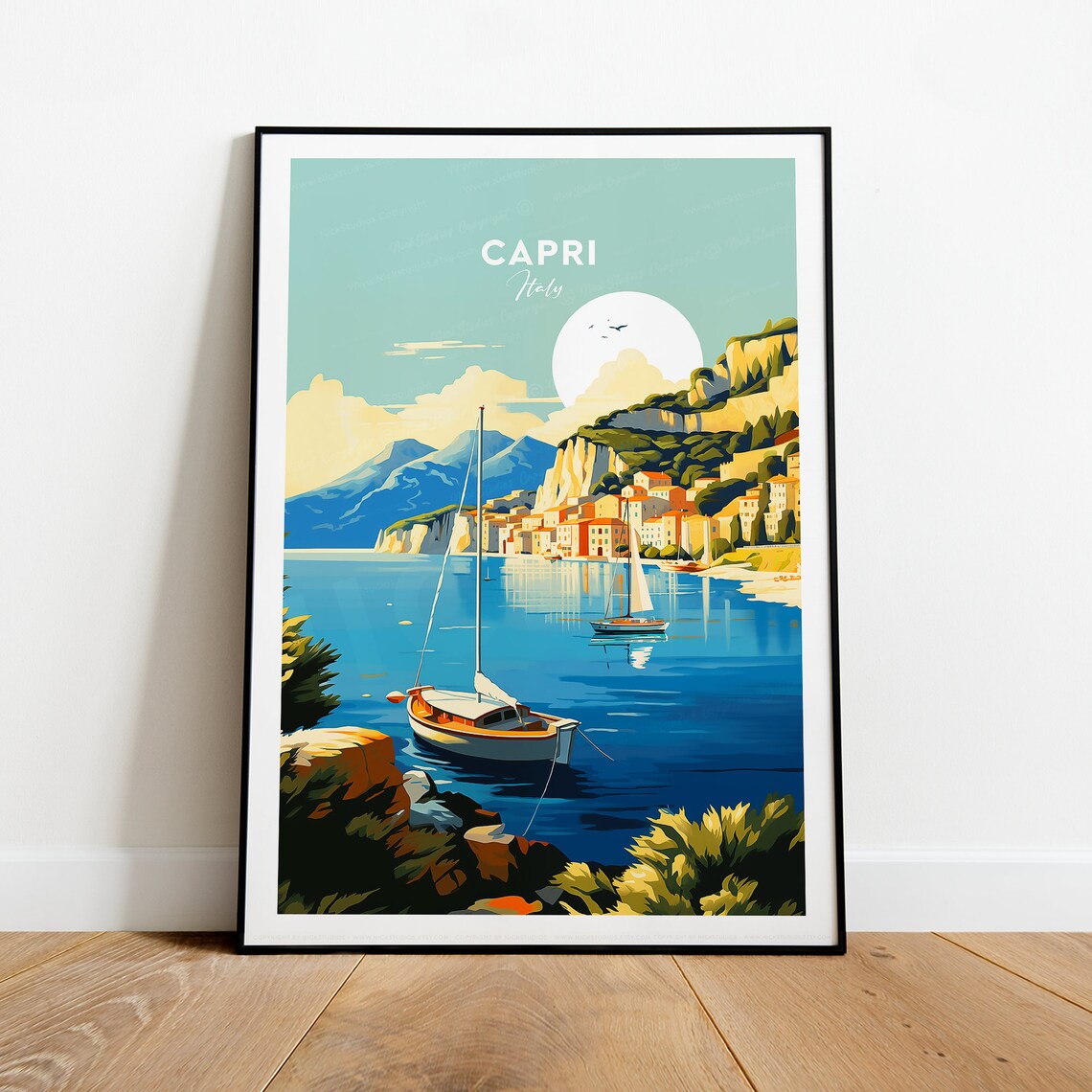 Capri Italy Sailboat Bay Coast Cliffs Mediterranean Travel Poster - Image 2