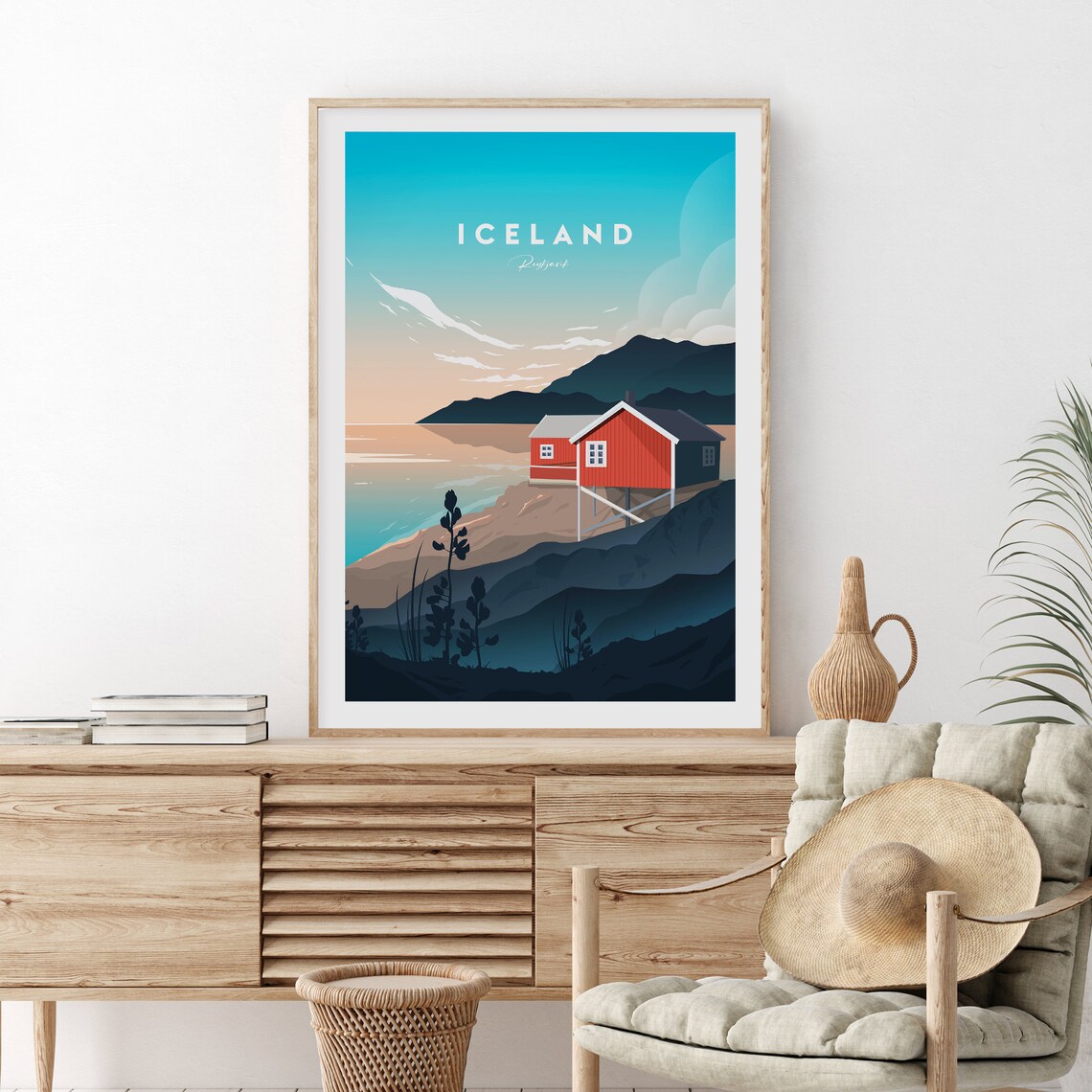 Iceland Reykjavik Red Cabin Rocky Coastline Ocean Travel Poster