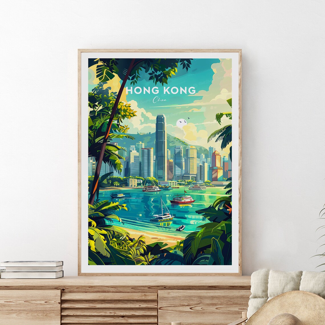 Hong Kong China Tropical Harbor Skyline Sunset View Travel Poster