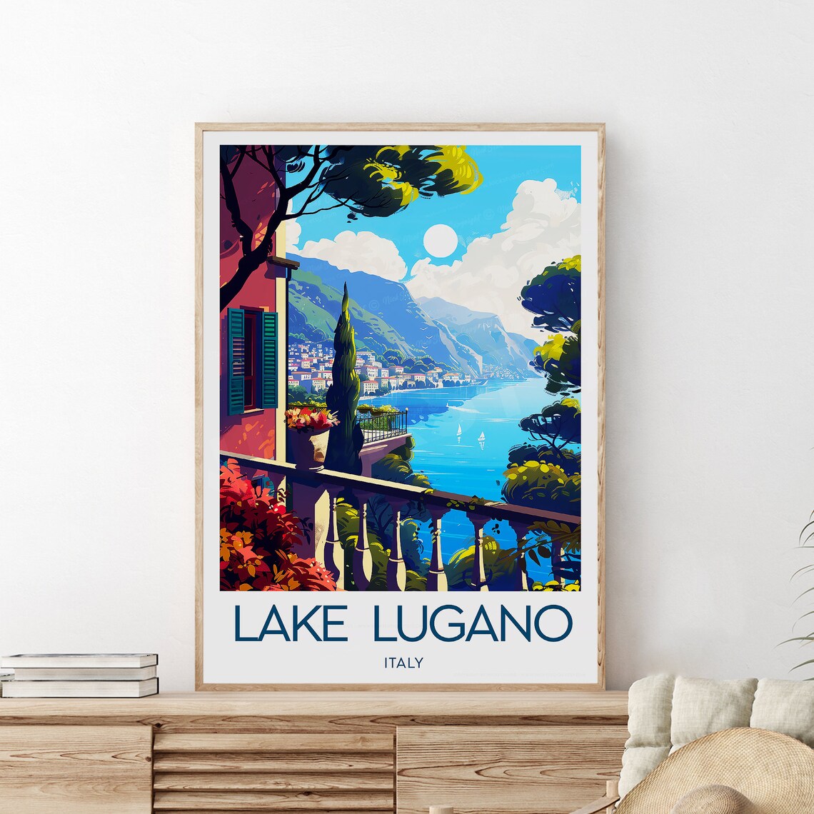 Lake Lugano Italy Terrace Overlook Sailboats Summer Travel Poster