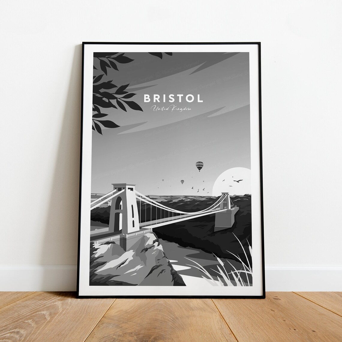 Bristol United Kingdom Clifton Bridge Balloons Mono Travel Poster - Image 2