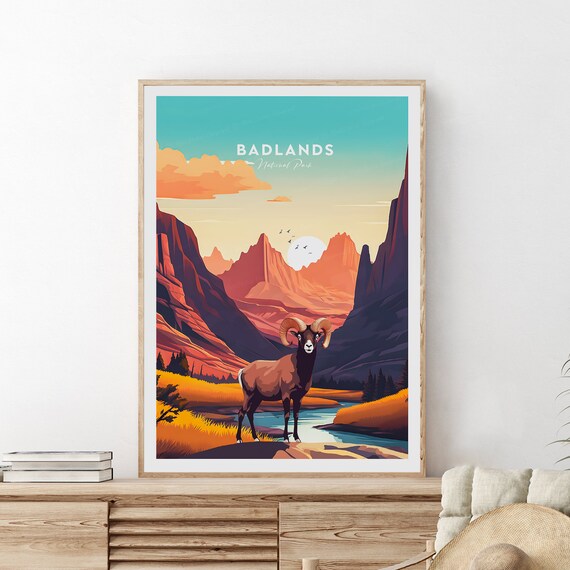 Badlands National Park Bighorn Sheep Canyon Sunset Travel Poster