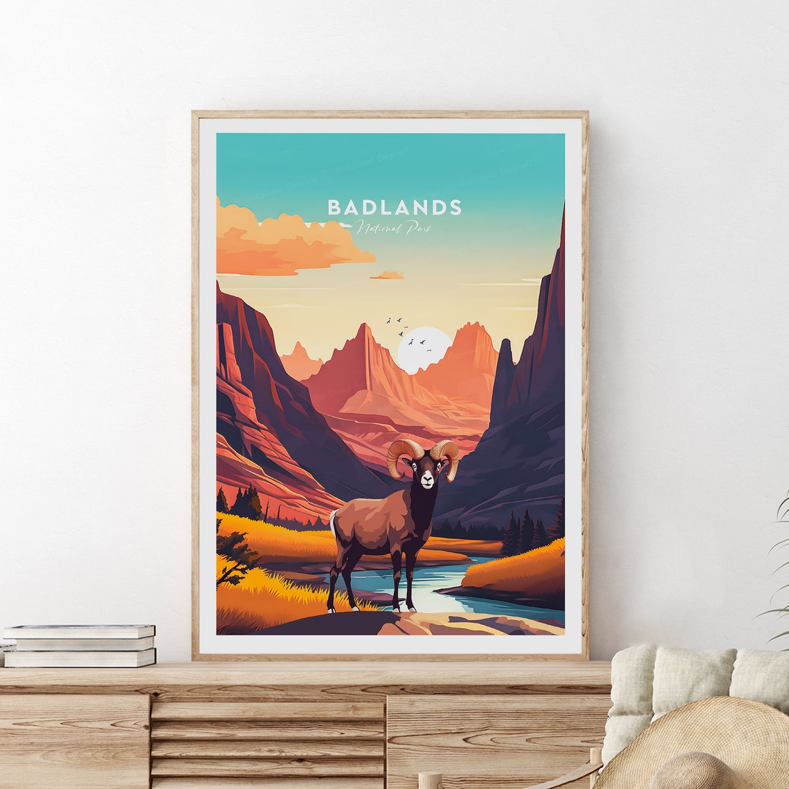 Badlands National Park Bighorn Sheep Canyon Sunset Travel Poster