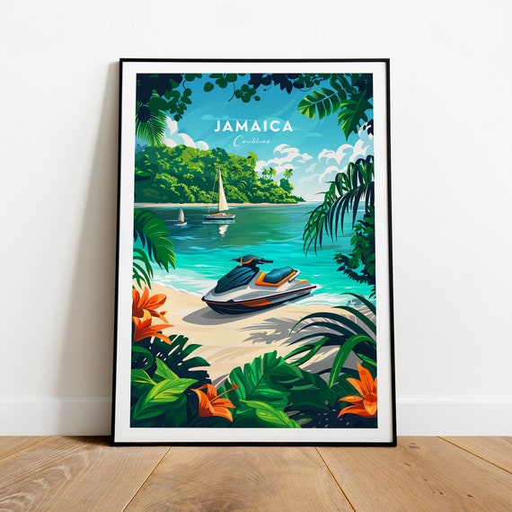 Jamaica Traditional Travel Print Caribbean Jamaica Poster Jet Ski Poster