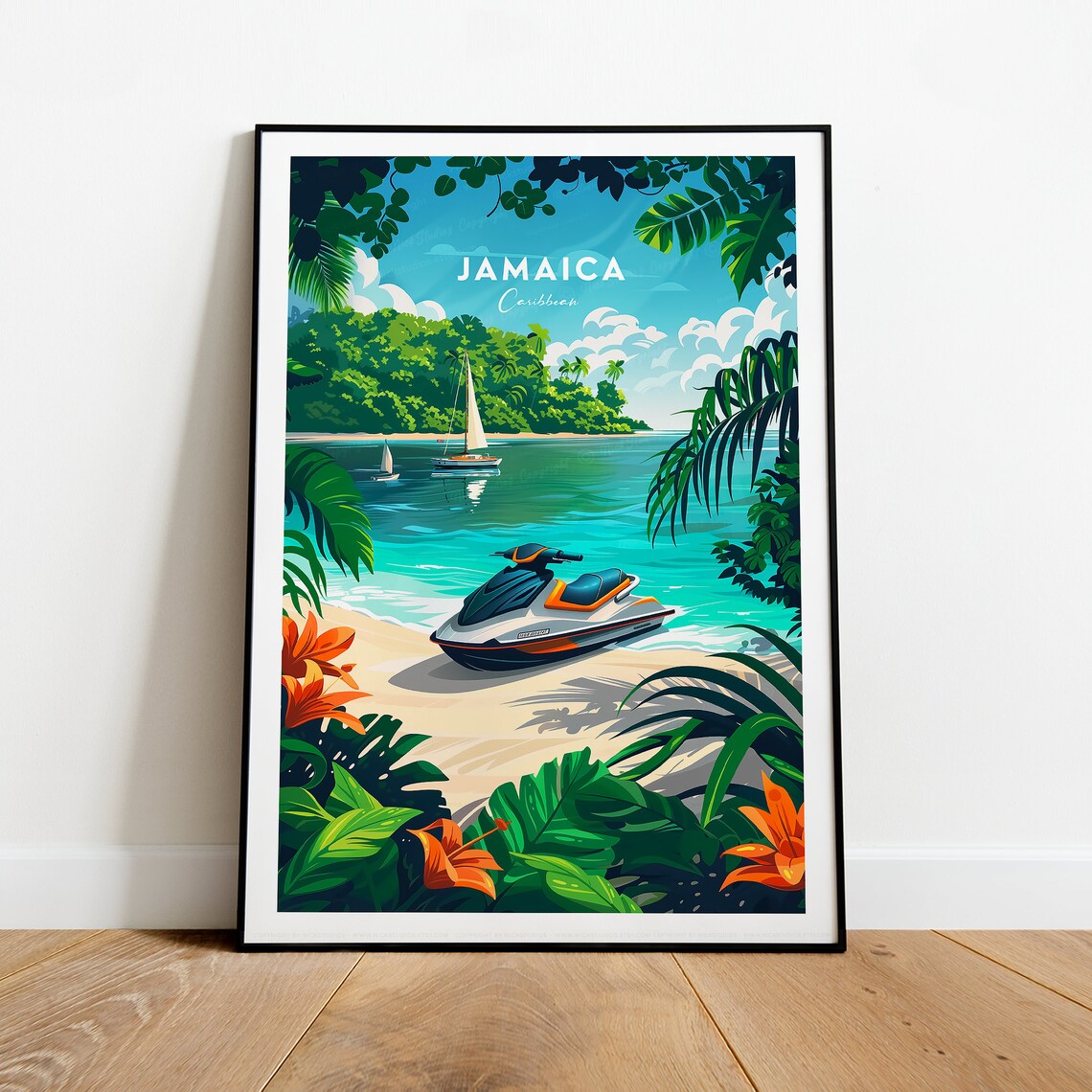 Jamaica Caribbean Jet Ski Lagoon Palm Cove Island Travel Poster