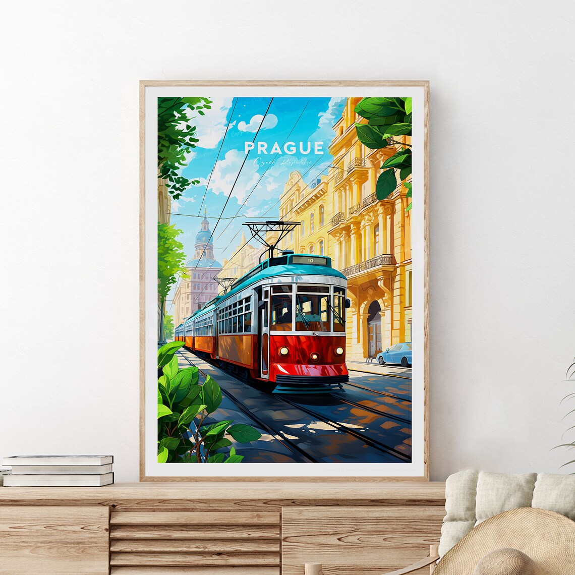 Prague Czech Republic Vintage Red Tram Street Scene Travel Poster