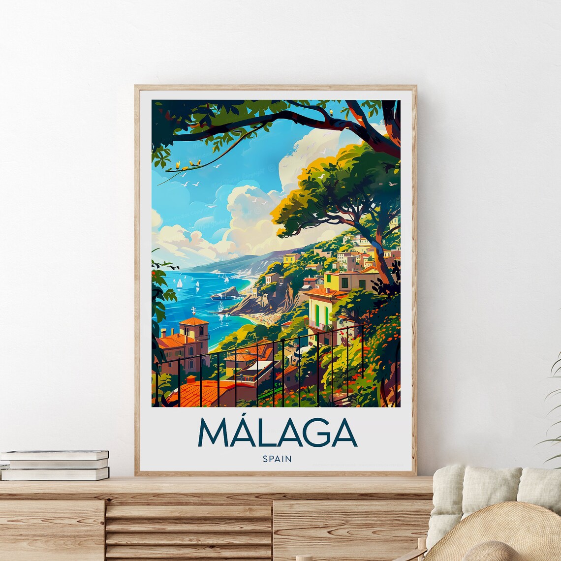 Malaga Spain Hillside Coastal Town With Sailboats On The Bay Poster - Image 2