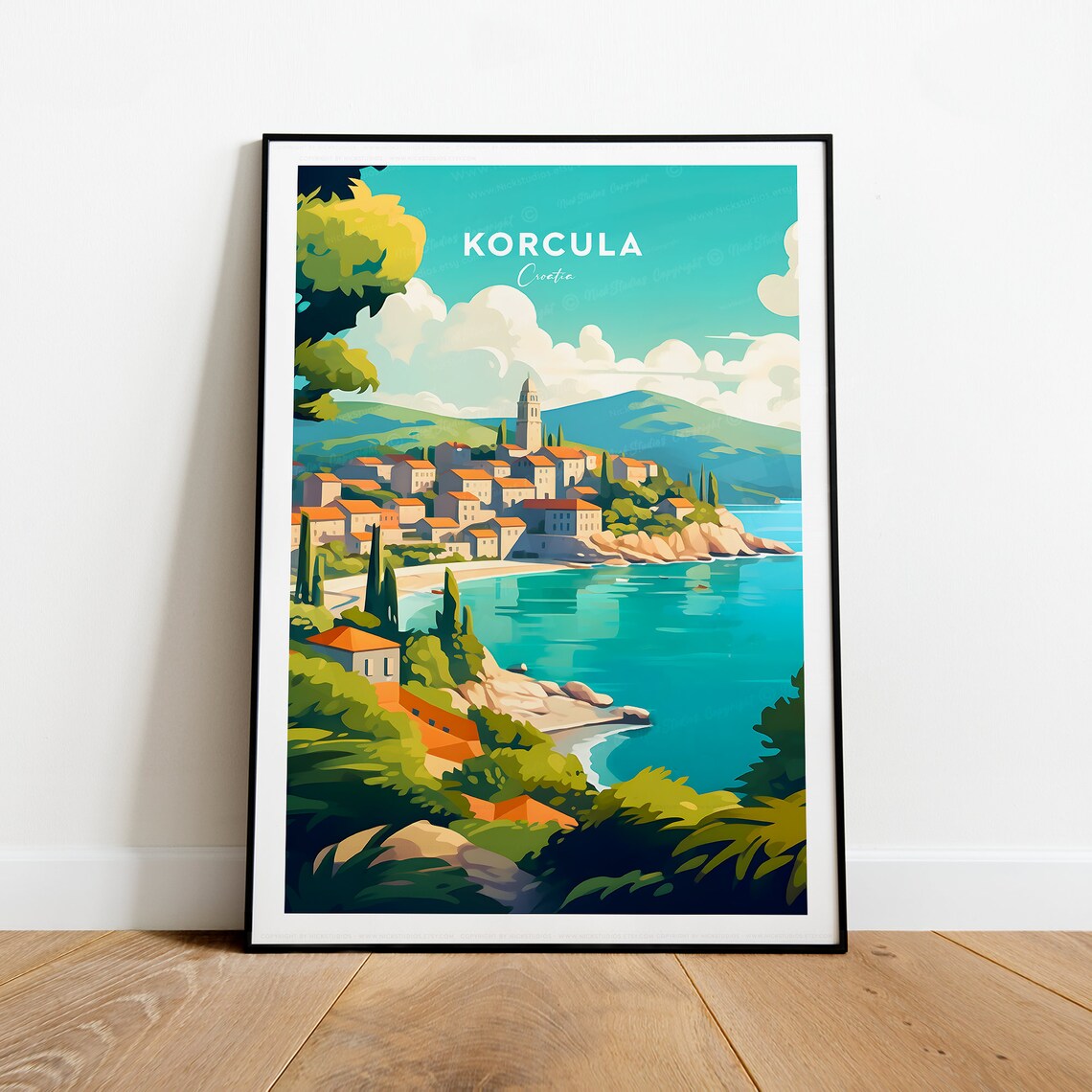 Korcula Croatia Seaside Old Town on the Hill Vintage Travel Poster - Image 2