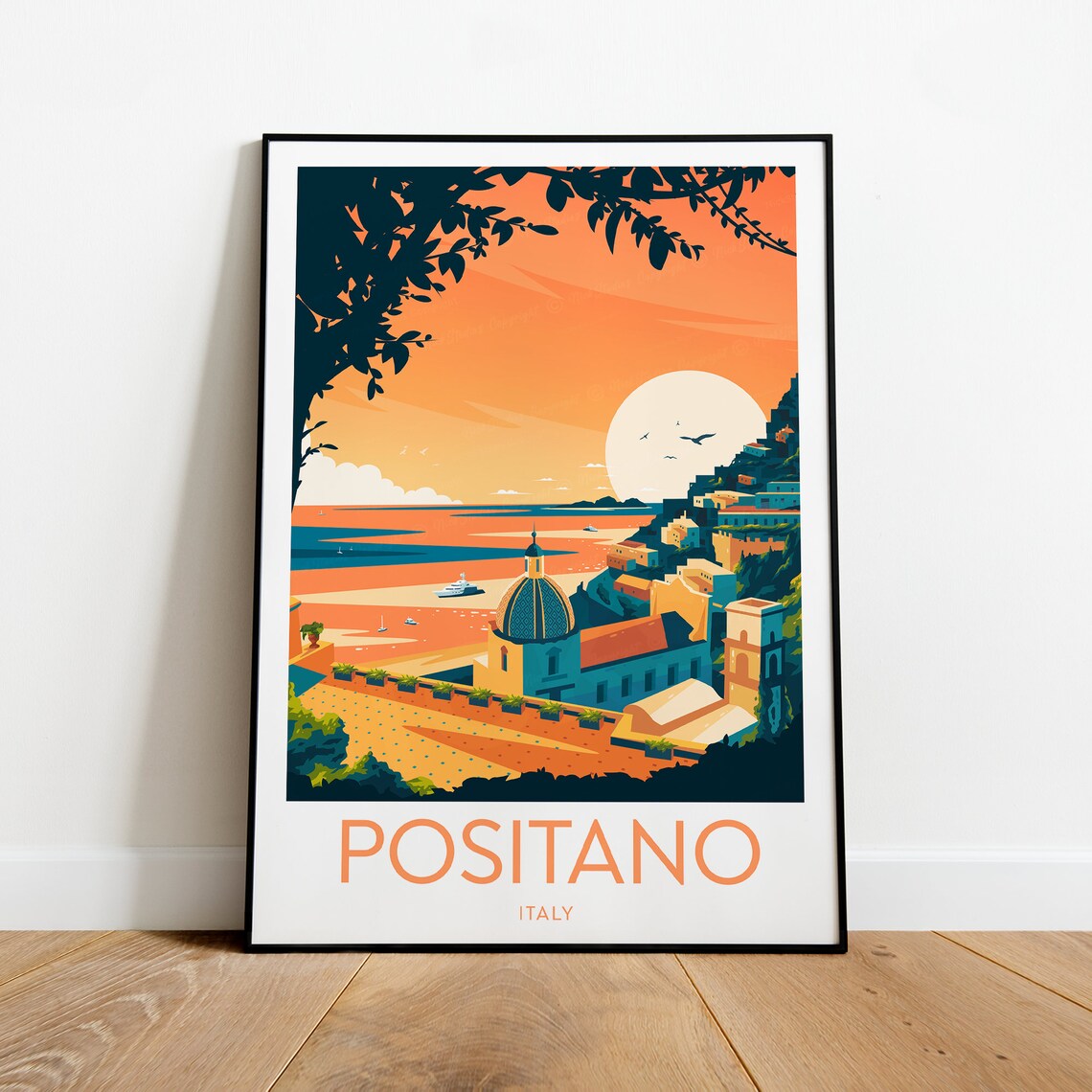 Positano Italy Amalfi Coast Sunset Beach Town Scene Art Poster