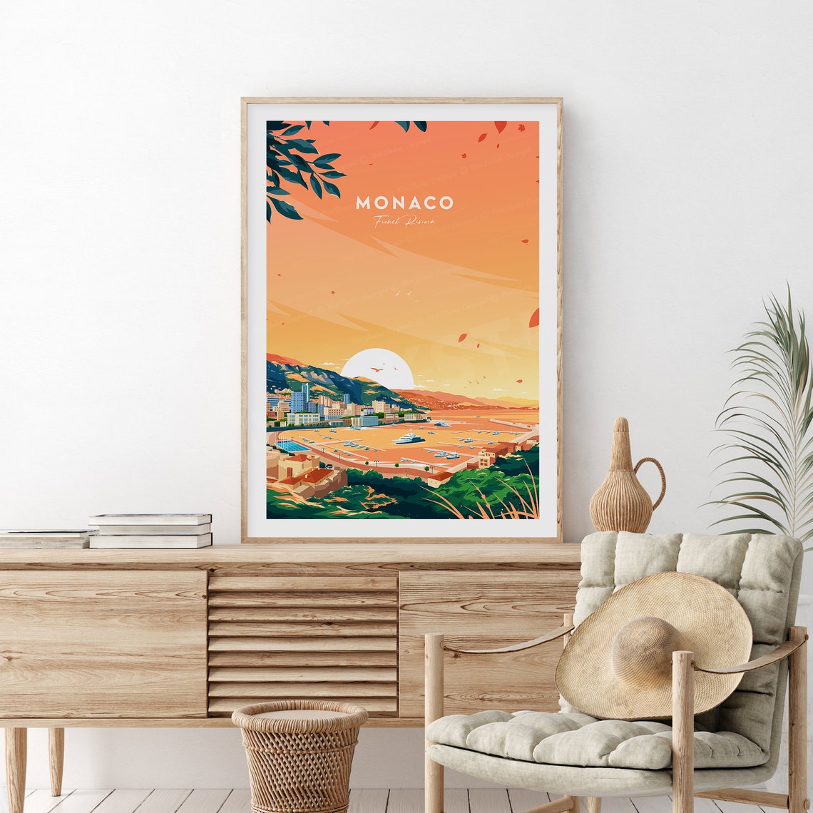 Monaco French Riviera Evening Sunset Harbor Panorama Travel Poster - Image 2