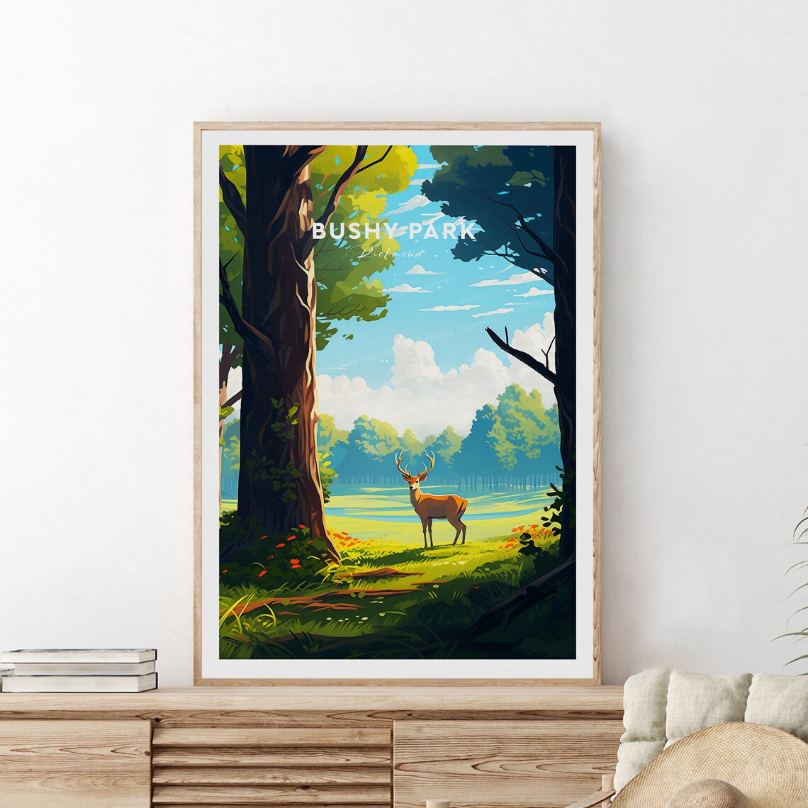 Bushy Park Richmond Stag in Sunlit Green Woodland Travel Poster