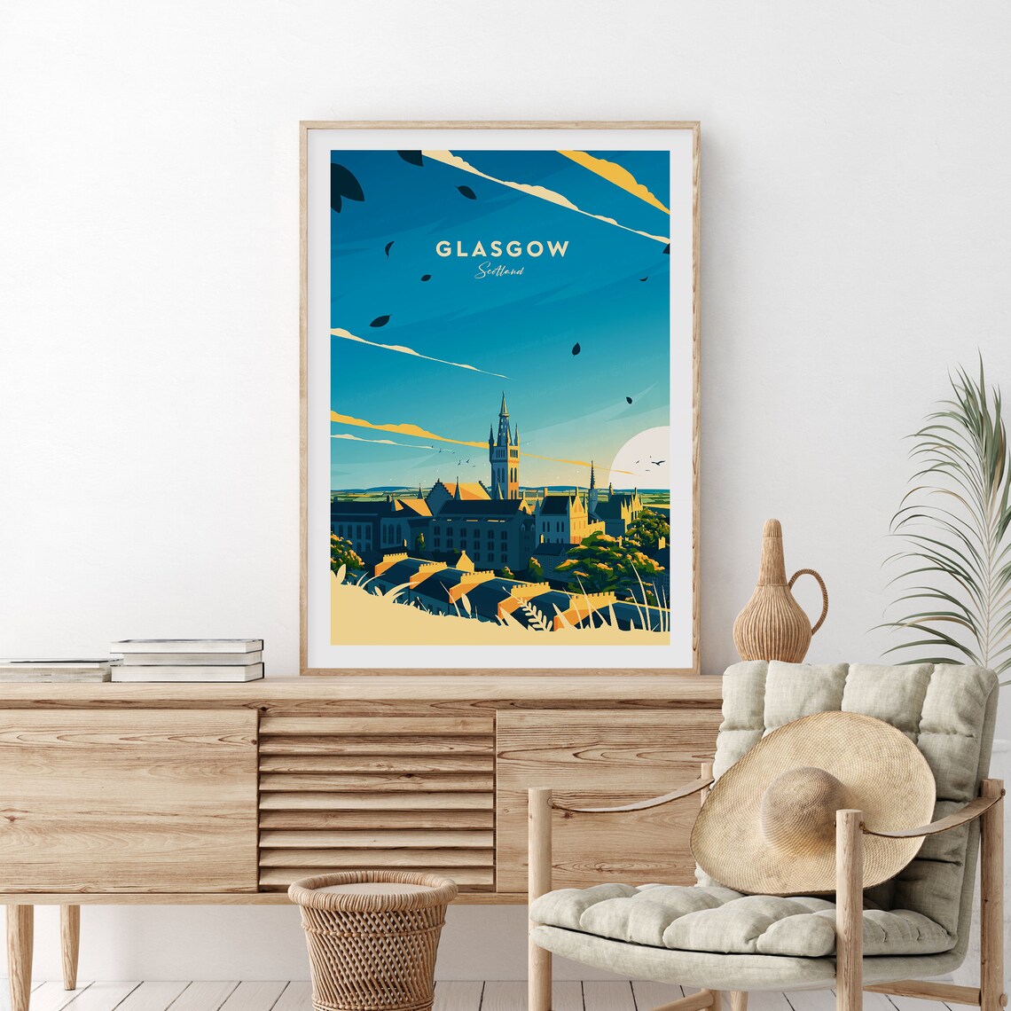 Glasgow Scotland Golden Sunset City Skyline Vintage Travel Poster