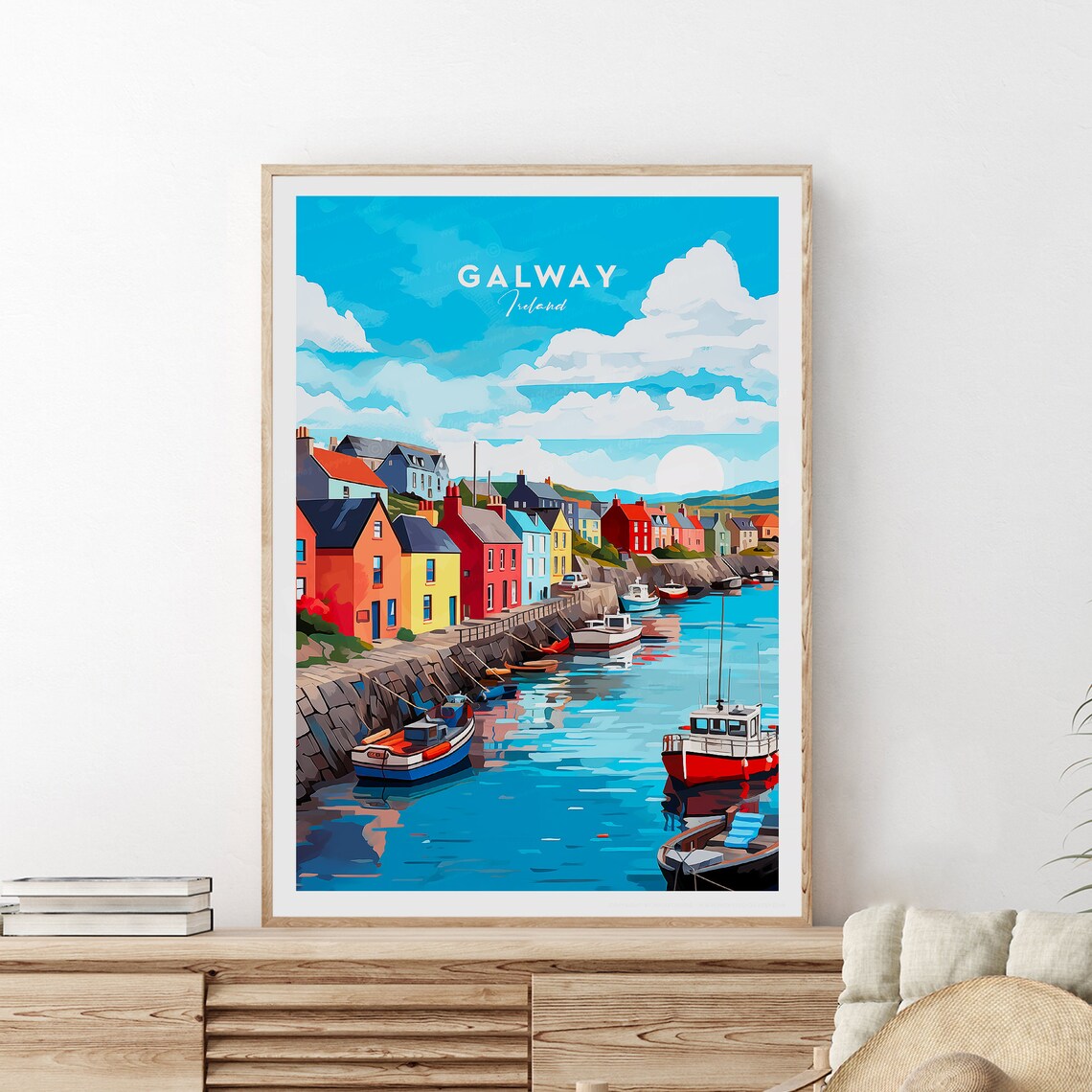 Galway Ireland Colorful Harbor Houses Fishing Boats Travel Poster