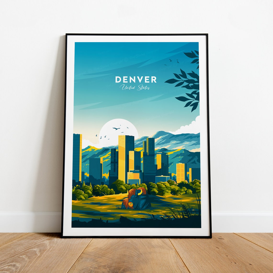 Denver Skyline with the Rocky Mountains and Bison USA Poster