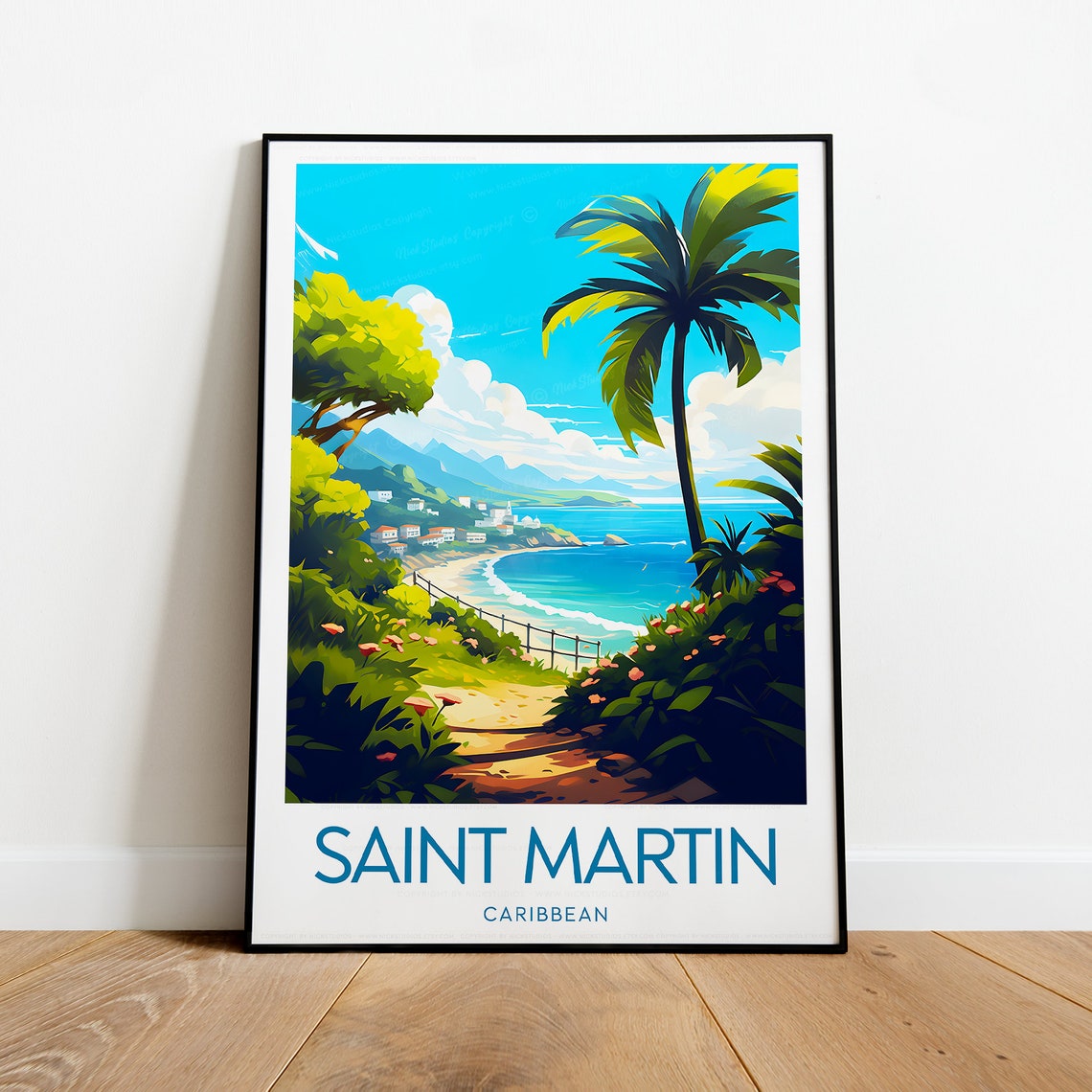 Saint Martin Caribbean Tropical Bay Palm Tree Path View Poster - Image 2