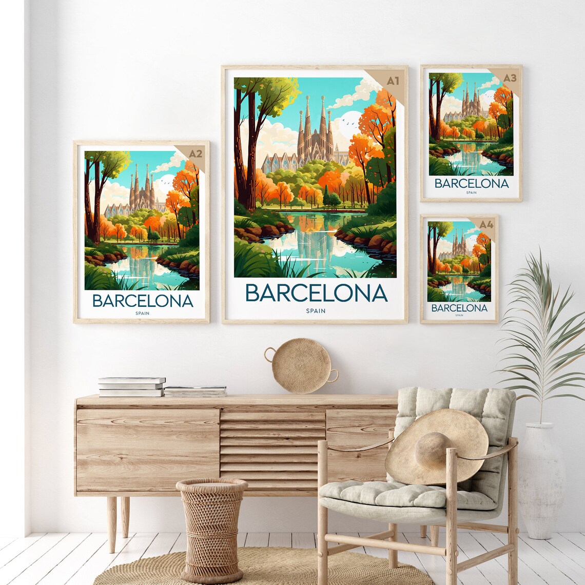 Barcelona Spain Sagrada Familia Lake Reflection Travel Poster - Image 3
