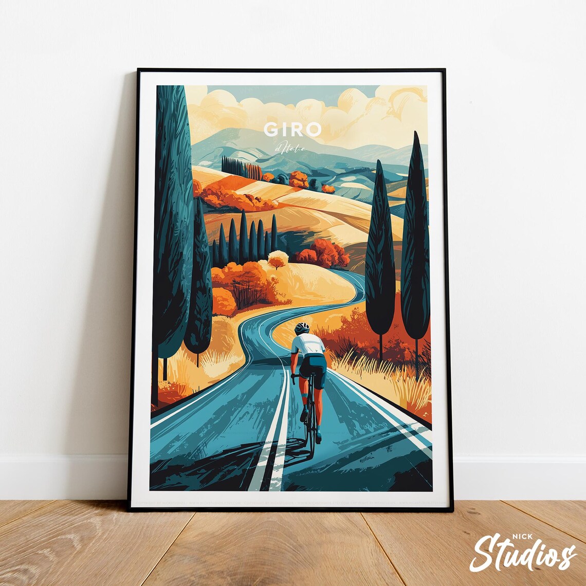 Giro d'Italia Cycling Traditional Poster Tuscan Hills Sunset Road