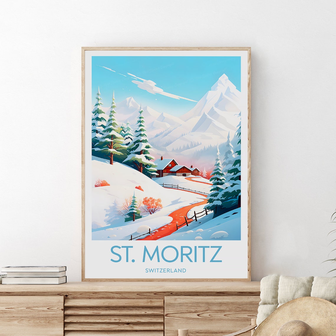 St. Moritz Switzerland Alpine Chalet Under Snowy Peaks Poster - Image 2