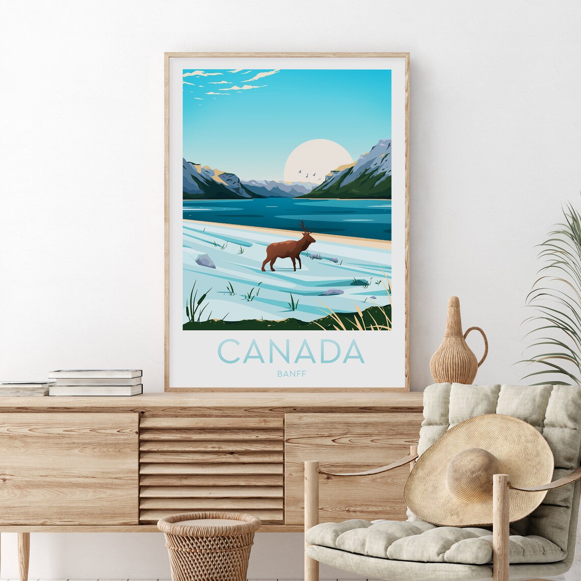Banff Rocky Mountain Lake with an Elk at Sunrise Canada Poster - Image 2
