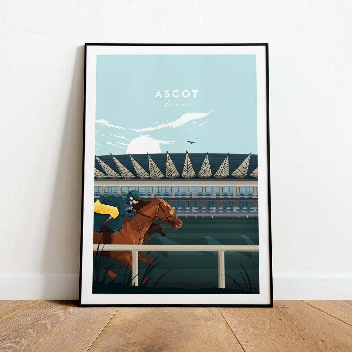 Ascot Racecourse Horse Racing Poster with Jockey and Grandstand View