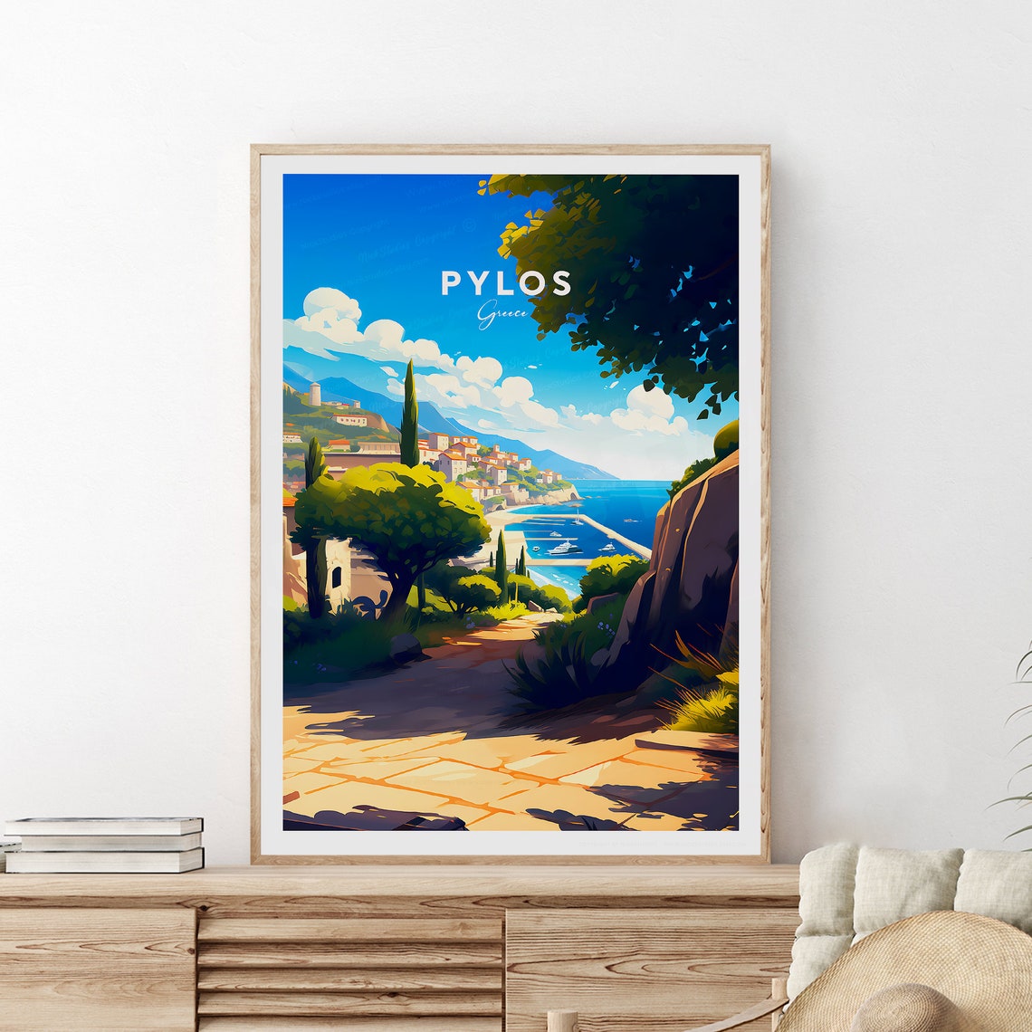 Pylos Greece Hilltop Path Above the Bay Vintage Travel Poster