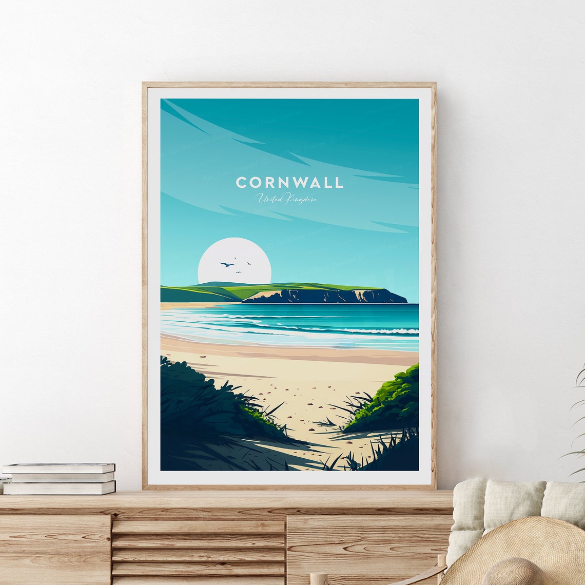 Cornwall United Kingdom Sunny Beach And Cliff Coastline Travel Poster