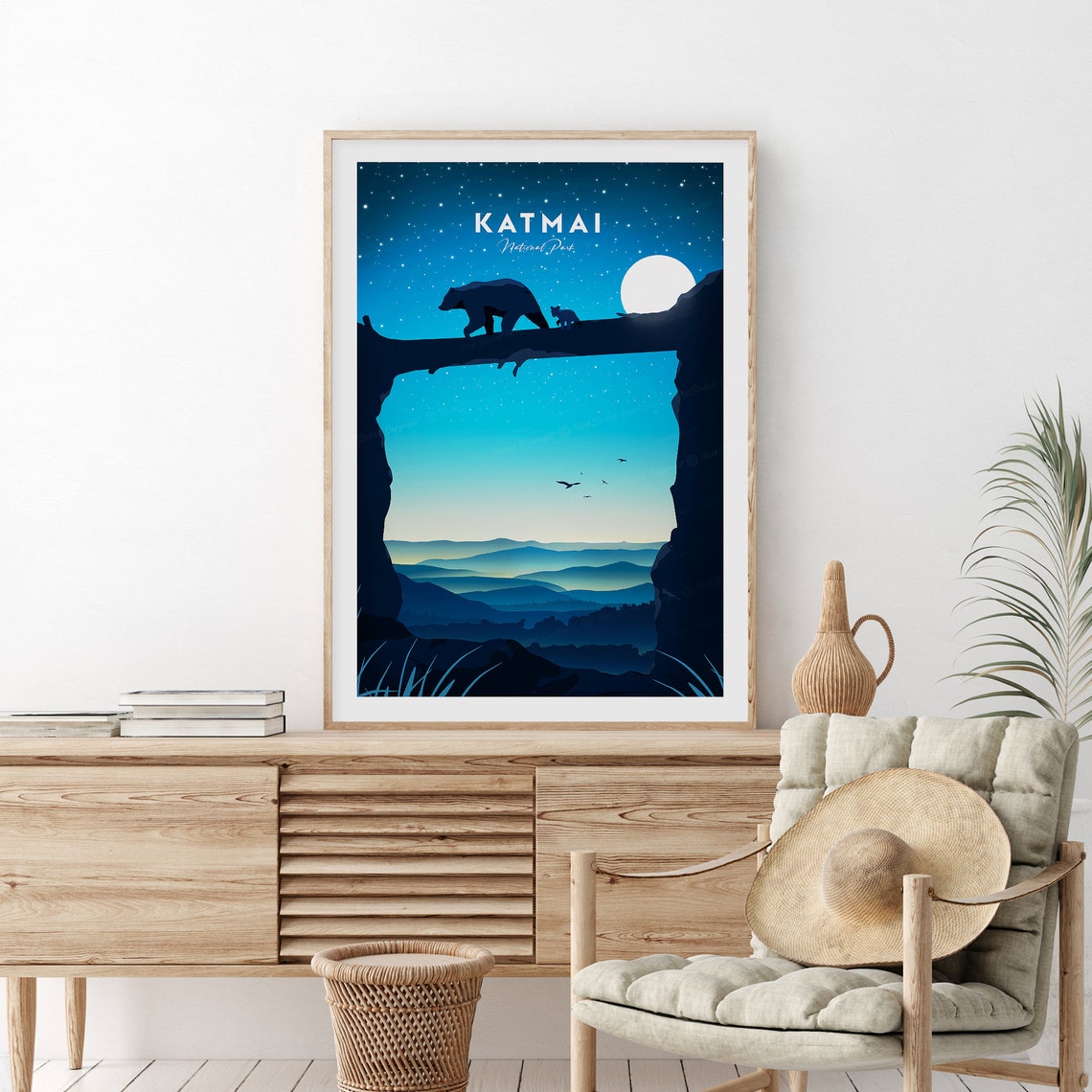 Katmai National Park Moonlit Bears Ridge Night Sky Scene Poster