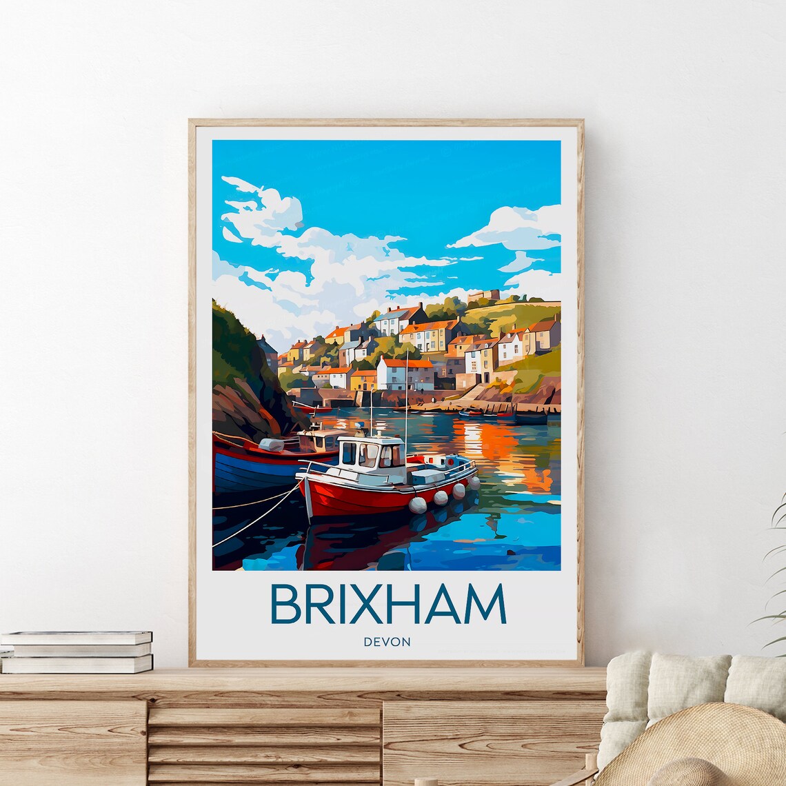 Brixham Devon Harbor with Colorful Fishing Boats Retro Travel Poster