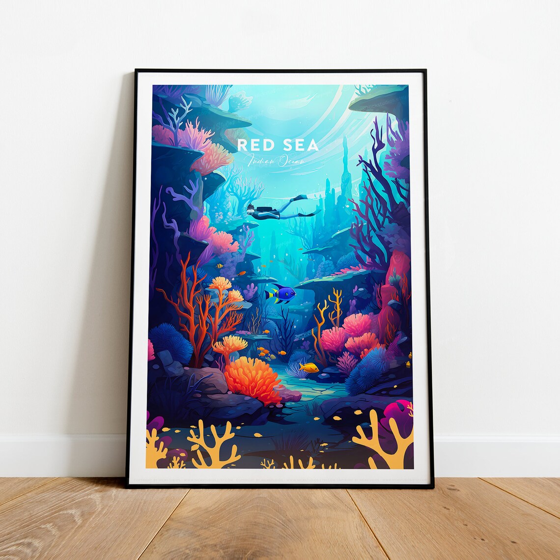 Red Sea Diving Coral Reef Underwater Scuba Diver Colors Poster